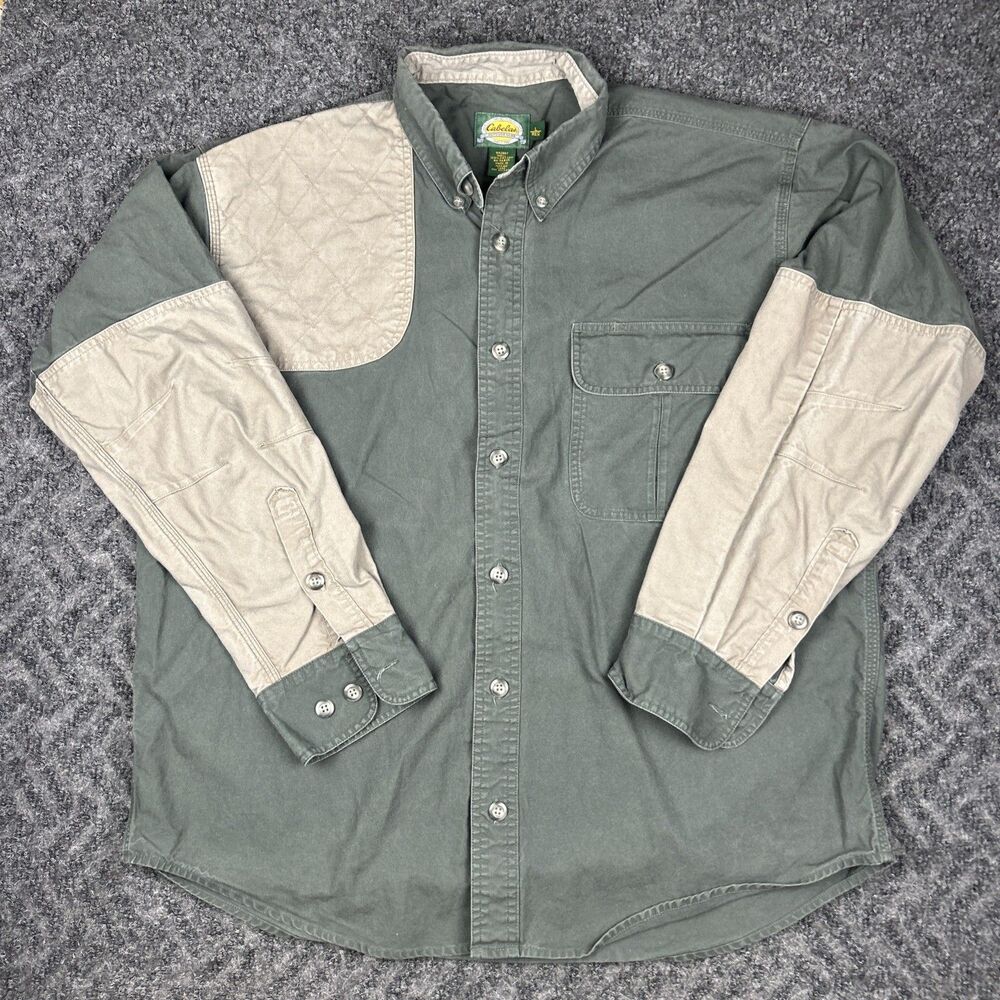 Cabelas Shirt Large Green Khaki Trapper Clay Shooting Hunting Heavy Twill Canvas